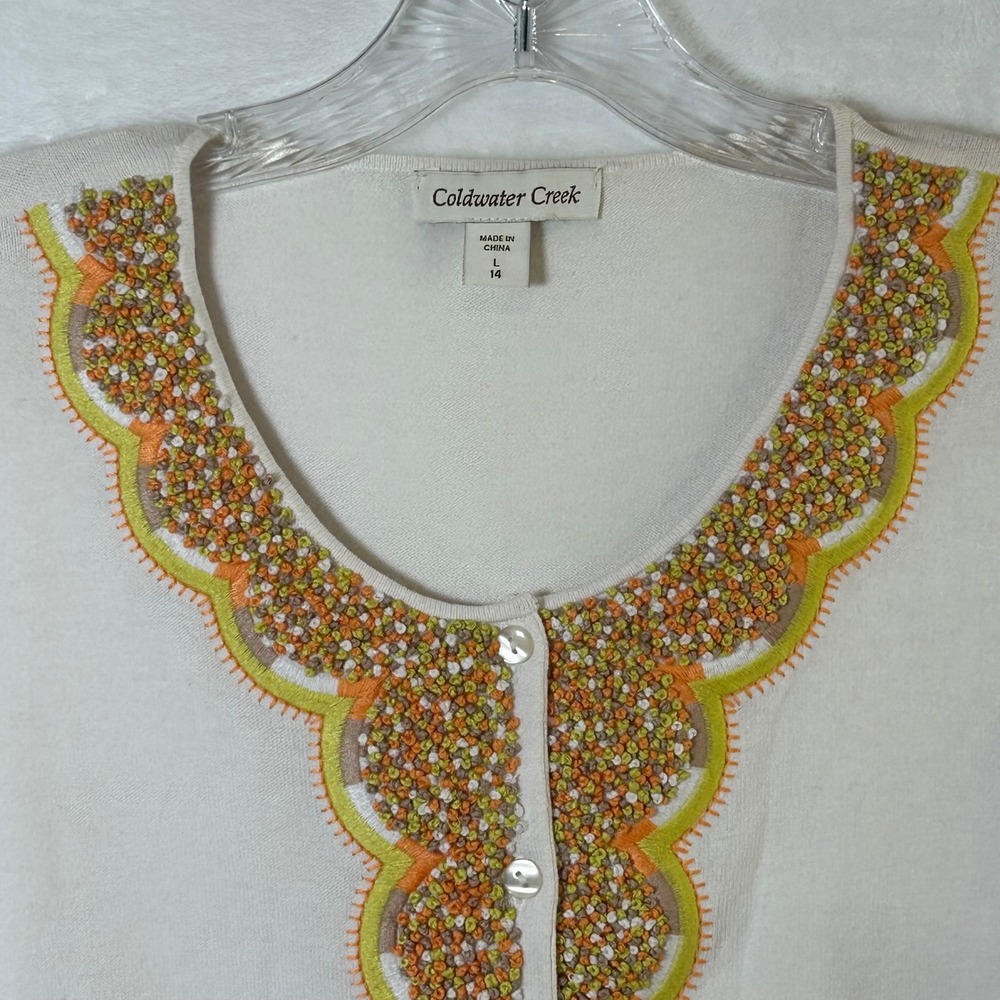 Coldwater Creek Tres Jolie Cardigan White Embroidered Scallop Large 14 - Picture 9 of 11
